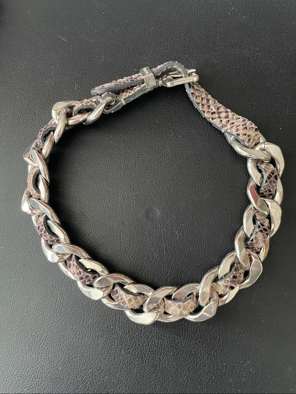 Michael Kors 20” Silver-Tone Buckle Snake-Print Leather Choker. Never worn.